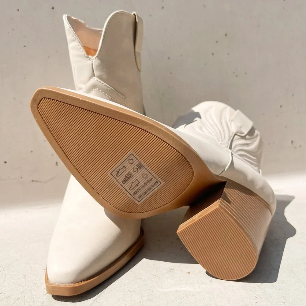 NEW Beige Distress Nubuck PU Western Cowboy Block Heel Ankle Booties Boots Shoe - Picture 4 of 13